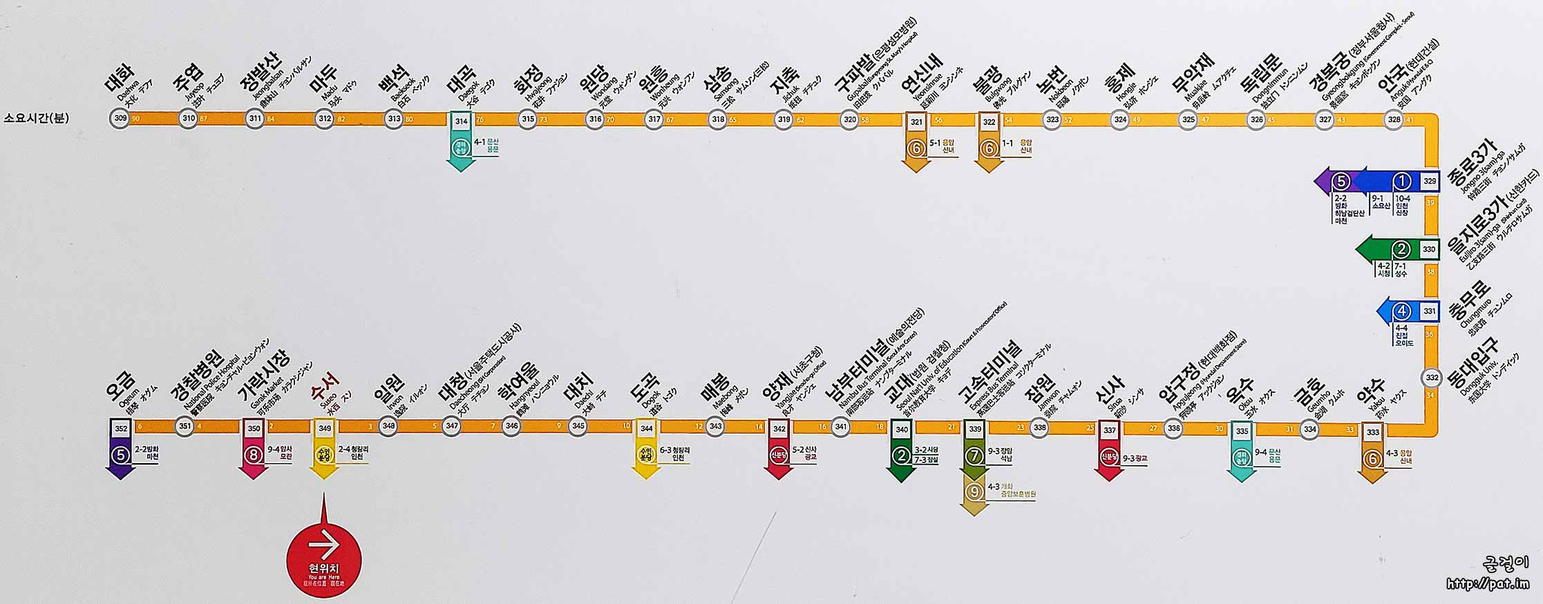 3호선 지하철 노선도 (수서역 기준 소요 시간)