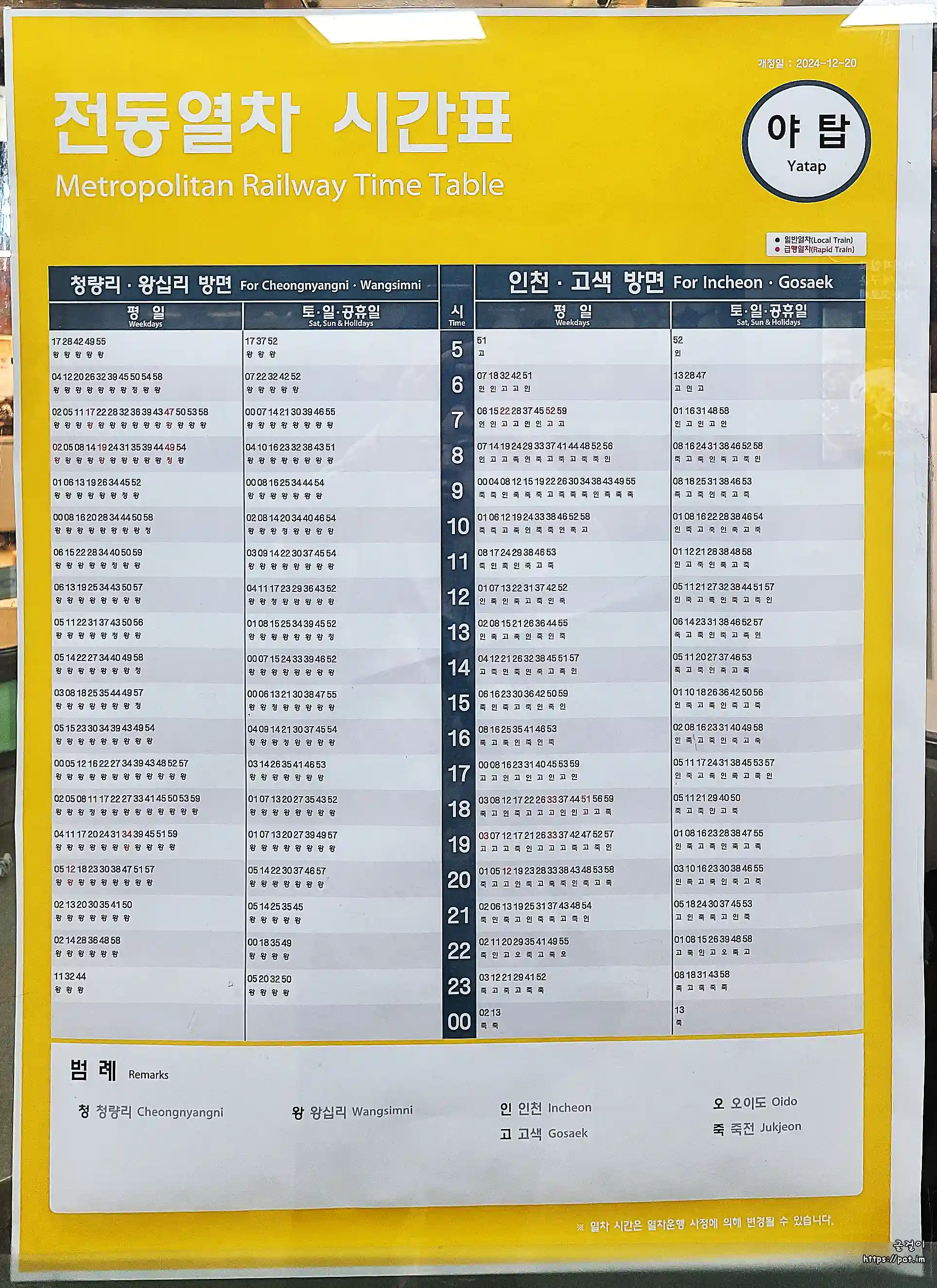 수인분당선 야탑역 전동열차 시간표 (왕십리 · 청량리 방면, 죽전 · 고색· 인천 방면) (2024.12.20~)