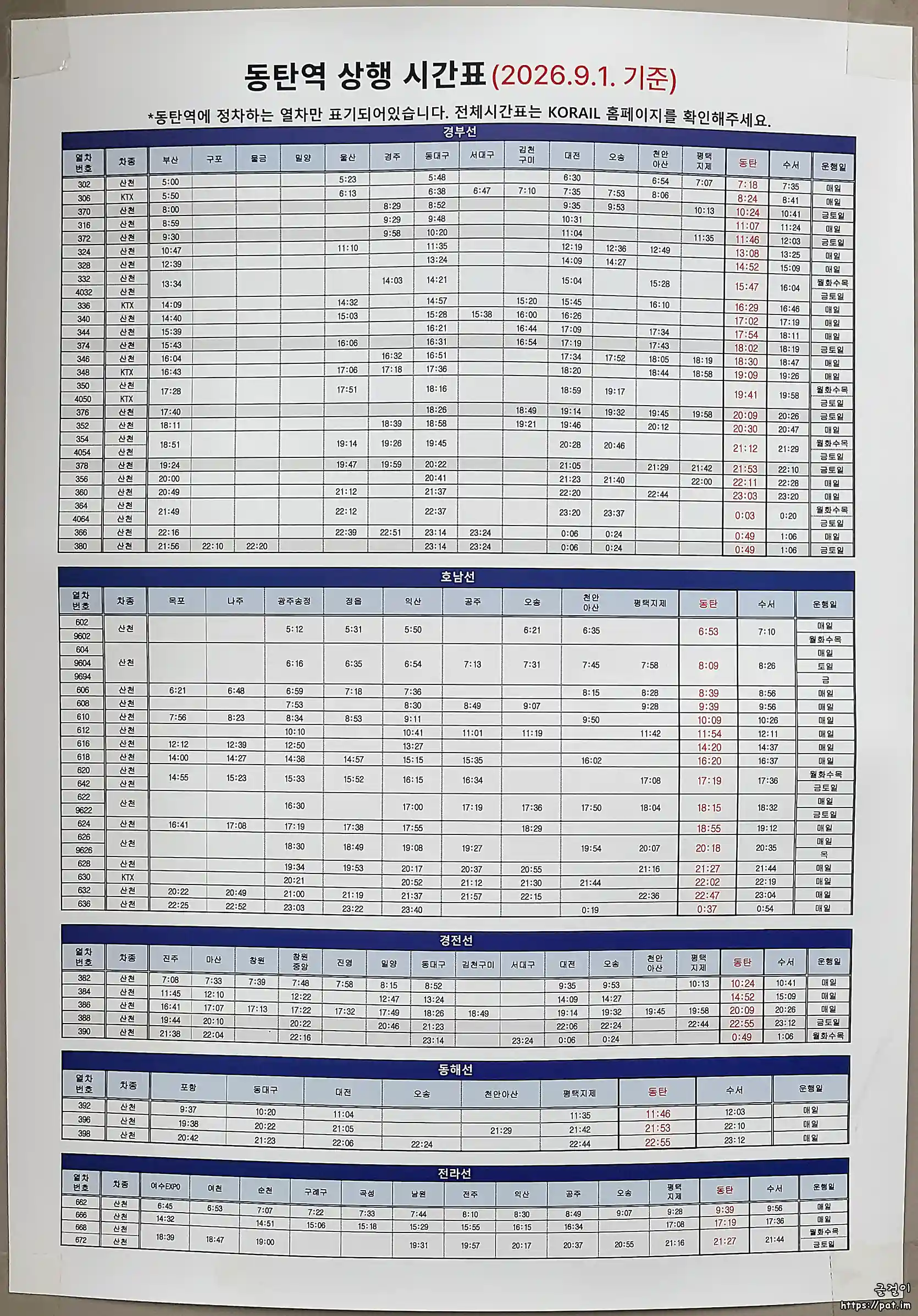 동탄역 KTX 열차 상행 시간표 (2026.9.1 기준) (경부선, 호남선, 경전선, 동해선, 전라선)