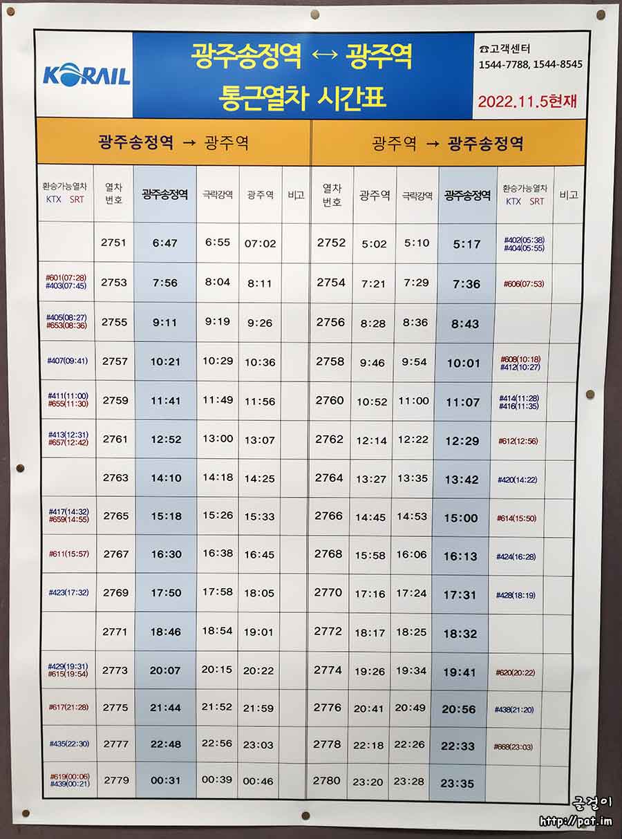 광주역-극락강역-광주송정역 셔틀열차/통근열차 시간표 (2022.11.5~)