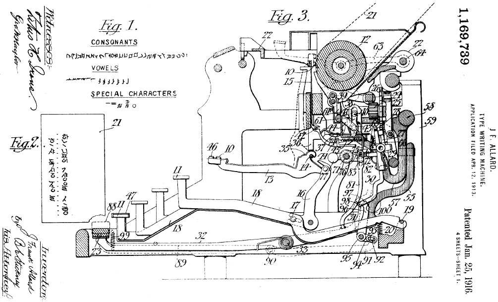 J. Frank Allard, &ldquo;Type-writing Machine,&rdquo; U.S. Patent 1,169,739, filed April 12, 1913, and issued Jan 25, 1916.