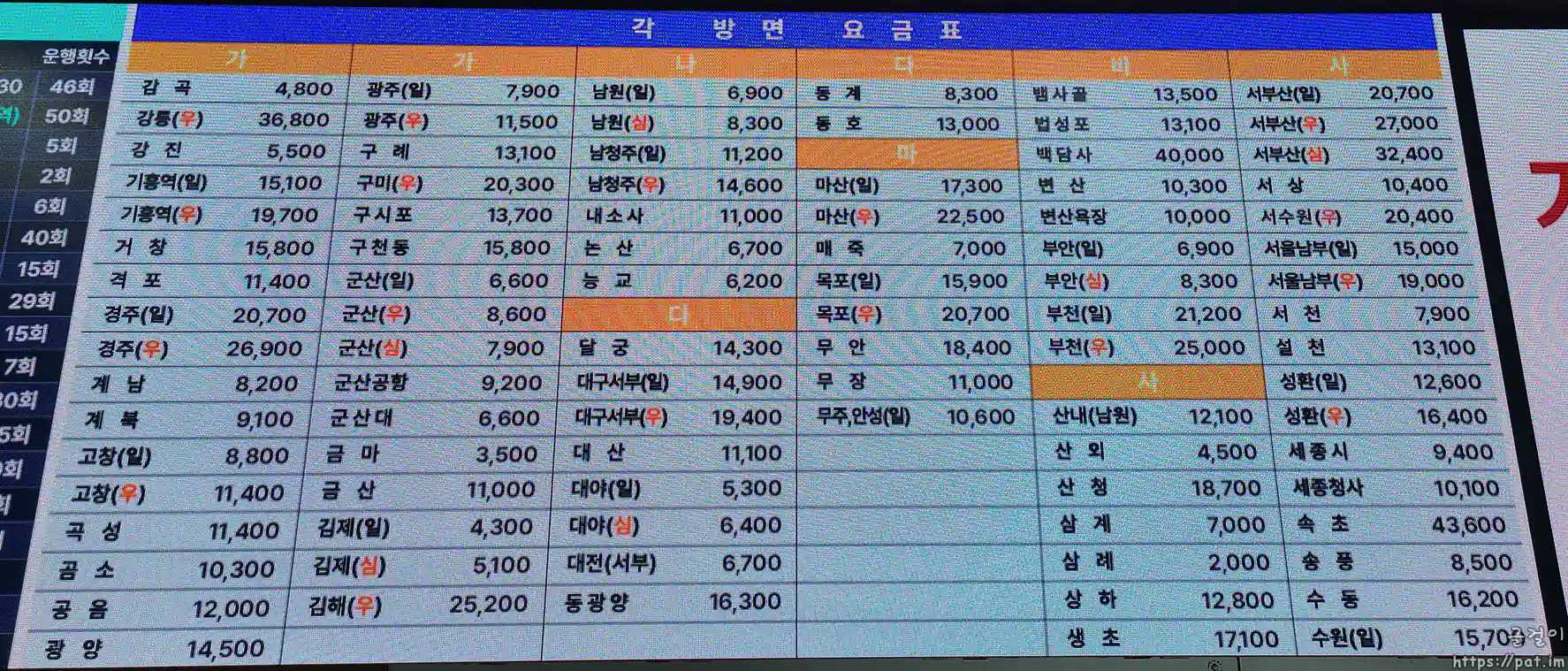 전주 시외버스 터미널 요금표 ① (가~사)